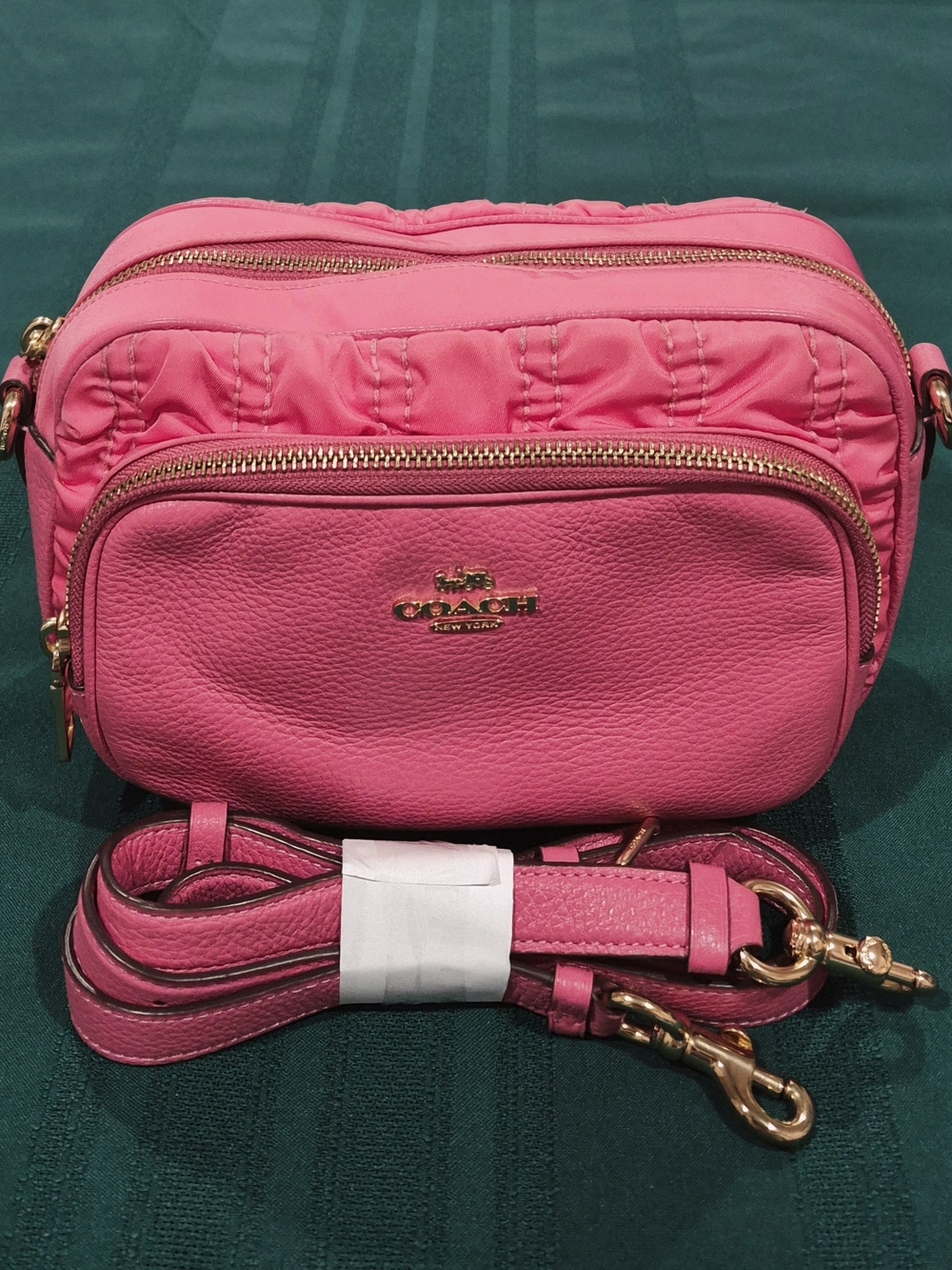 Coach Pink Leather Ruched Crossbody Bag - Signature Logo ( 9"L x 5.5"H x 4"D)